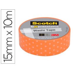 CINTA ADHESIVA SCOTCH WASHI TAPES PUNTOS NARANJA 10 MT X 15 MM