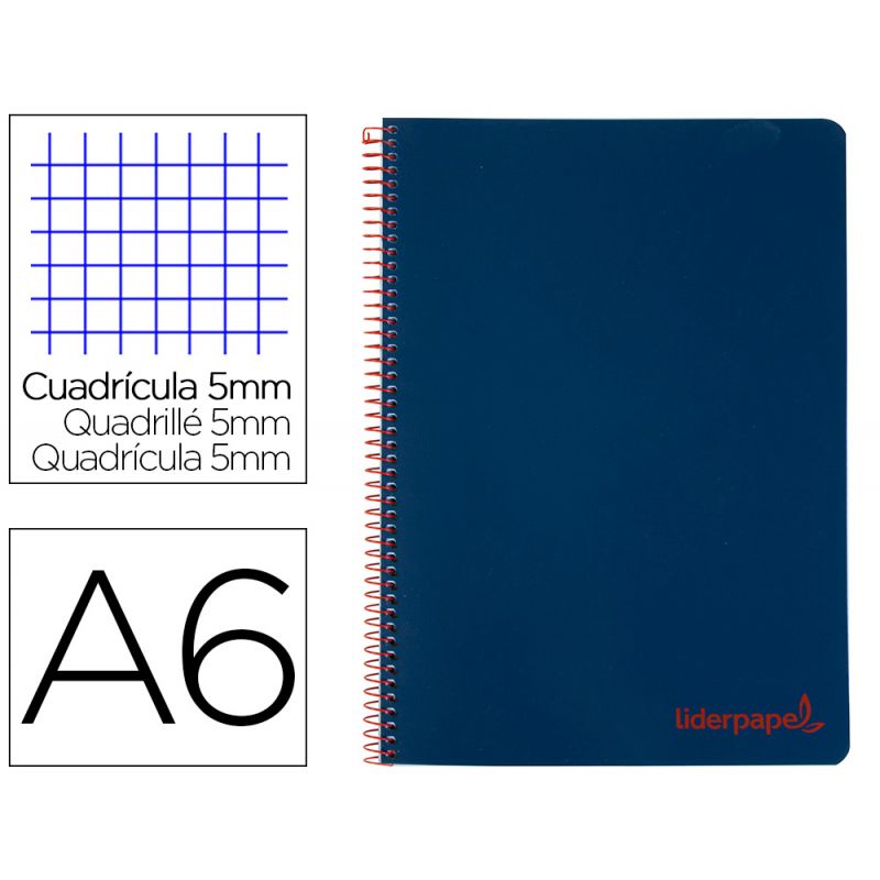 CUADERNO ESPIRAL LIDERPAPEL A6 MICRO WONDER TAPA PLASTICO 120H 90 GR CUADRO 5MM 4 BANDAS COLOR AZUL 