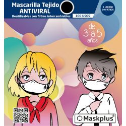 Mascarilla Maskplus Kids 3-5 años con 10 filtros de papel  (Negra)