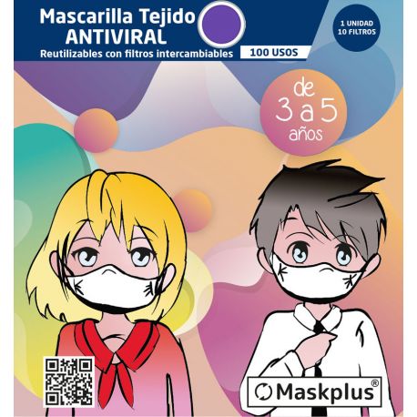 Mascarilla Maskplus Kids 3-5 años con 10 filtros de papel  (Lila)