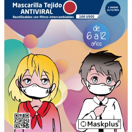 Mascarilla Maskplus Kids 6-12 años con 10 filtros de papel (Granate)