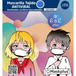 Mascarilla Maskplus Kids 6-12 años con 10 filtros de papel (Azul)
