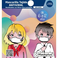 Mascarilla Maskplus Kids 6-12 años con 10 filtros de papel (Blanca) 