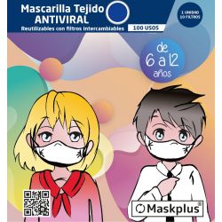 Mascarilla Maskplus Kids 6-12 años con 10 filtros de papel (Azul oscuro)