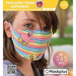 Mascarilla Kids 3-5 años Bob Esponja (2) Maskplus con 10 filtros de papel (1 unidad)