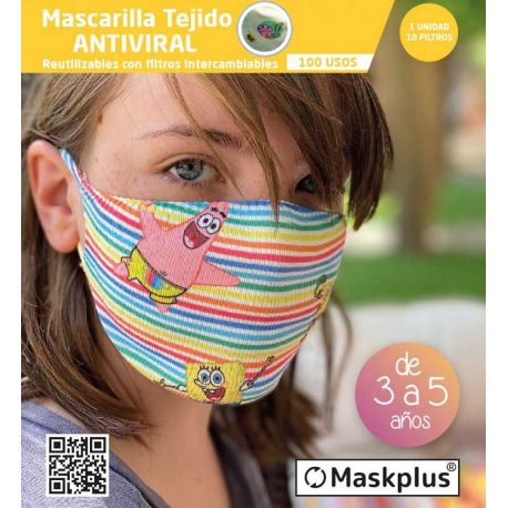 Mascarilla Kids 3-5 años Bob Esponja (4) Maskplus con 10 filtros de papel (1 unidad)