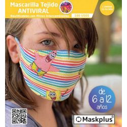 Mascarilla Kids 6-12 años Bob Esponja (2) Maskplus con 10 filtros de papel (1 unidad)