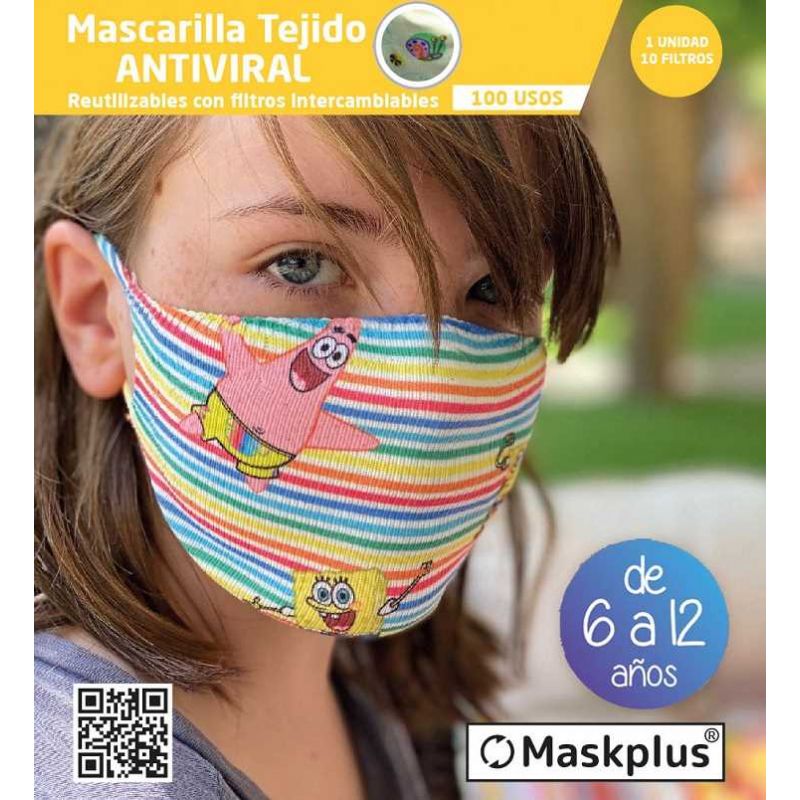 Mascarilla Kids 6-12 años Bob Esponja (4) Maskplus con 10 filtros de papel (1 unidad)