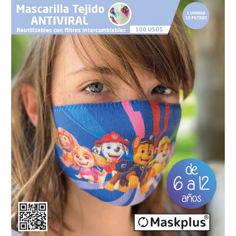 Mascarilla Kids 6-12 años Patrulla Canina (3) Maskplus con 10 filtros de papel (1 unidad)