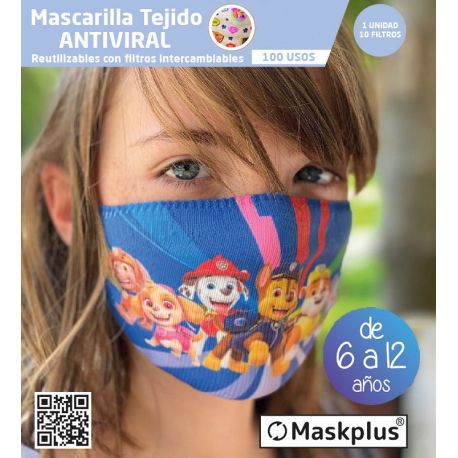 Mascarilla Kids 6-12 años Patrulla Canina (4) Maskplus con 10 filtros de papel (1 unidad)