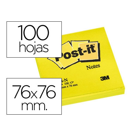 BLOC DE NOTAS ADHESIVAS QUITA Y PON POST-IT 76X76 MM AMARILLO NEON CON 100 HOJAS