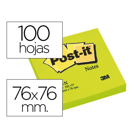 BLOC DE NOTAS ADHESIVAS QUITA Y PON POST-IT 76X76 MM VERDE NEON CON 100 HOJAS