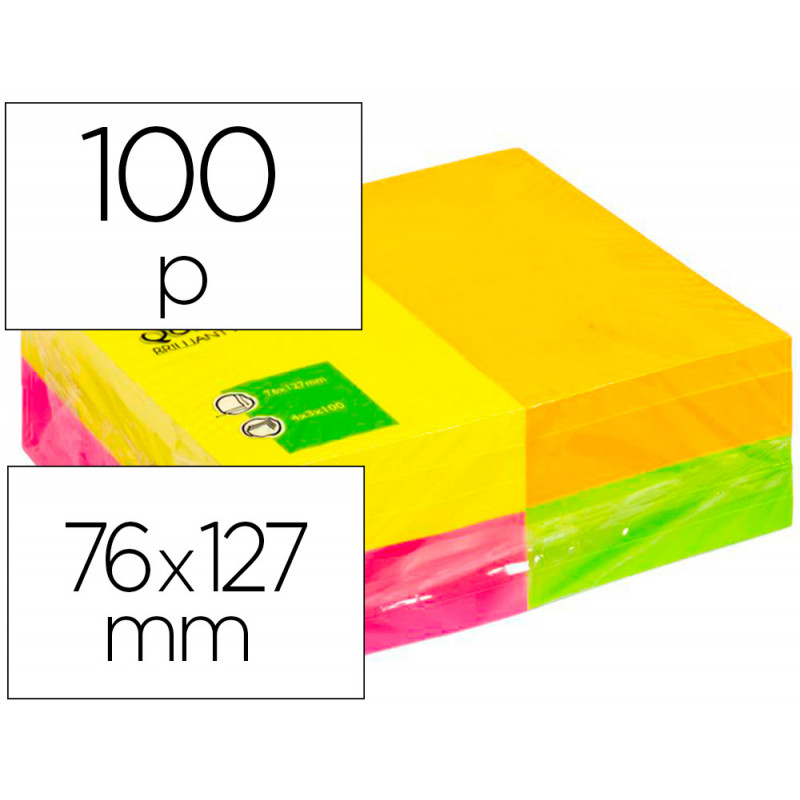 BLOC DE NOTAS ADHESIVAS QUITA Y PON Q-CONNECT 127X76 MM CON 100HOJAS FLUORESCENTES PACK DE 12 -SURTI