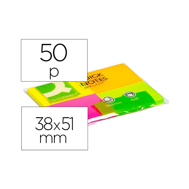 BLOC DE NOTAS ADHESIVAS QUITA Y PON Q-CONNECT 38X51 MM CON 50 HOJAS FLUORESCENTES PACK DE 4 UNIDADES