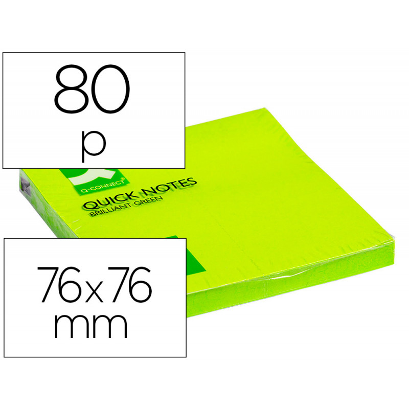 BLOC DE NOTAS ADHESIVAS QUITA Y PON Q-CONNECT 76X76 MM VERDE NEON 80 HOJAS