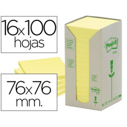 BLOC DE NOTAS ADHESIVAS QUITA Y PON RECICLADAS EN TORRE POST-IT 76 X 76 MM 16 BLOCS 654 RECICLADO