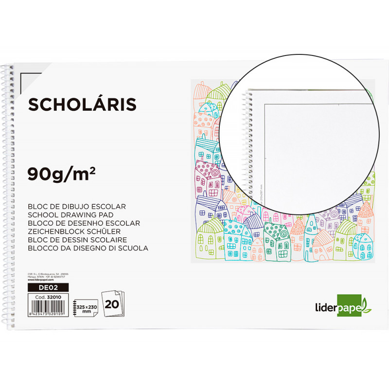 BLOC DIBUJO LIDERPAPEL ESCOLAR ESPIRAL 230X325MM 20 HOJAS 90G M2 CON RECUADRO