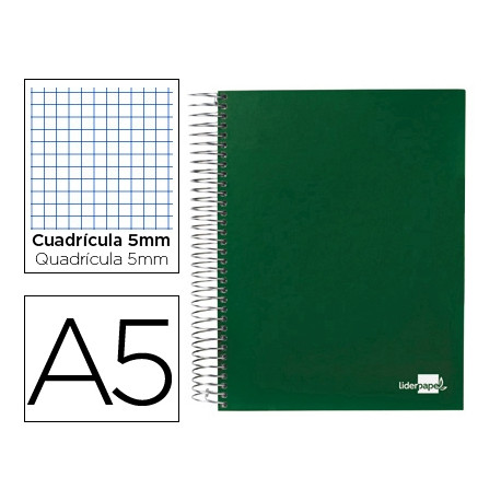 CUADERNO ESPIRAL LIDERPAPEL A5 MICRO PAPERCOAT TAPA FORRADA 140H 75 GR CUADRO5MM 5 BANDAS 6 TALADROS