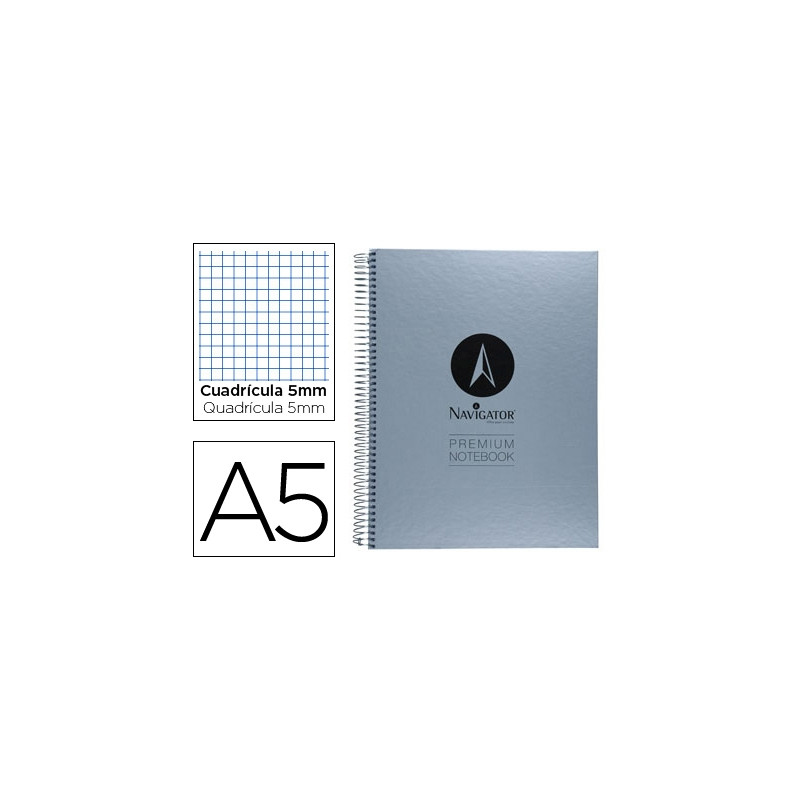 CUADERNO ESPIRAL NAVIGATOR A5 MICRO TAPA FORRADA 80H 90 GR CUADRO 5MM SIN BANDAS 6 TALADROS