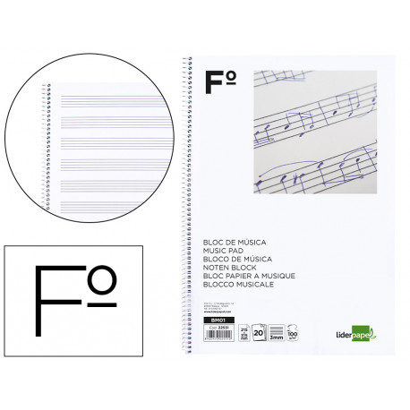 BLOC MUSICA LIDERPAPEL PENTAGRAMA 3MM FOLIO 20 HOJAS 100G/M2