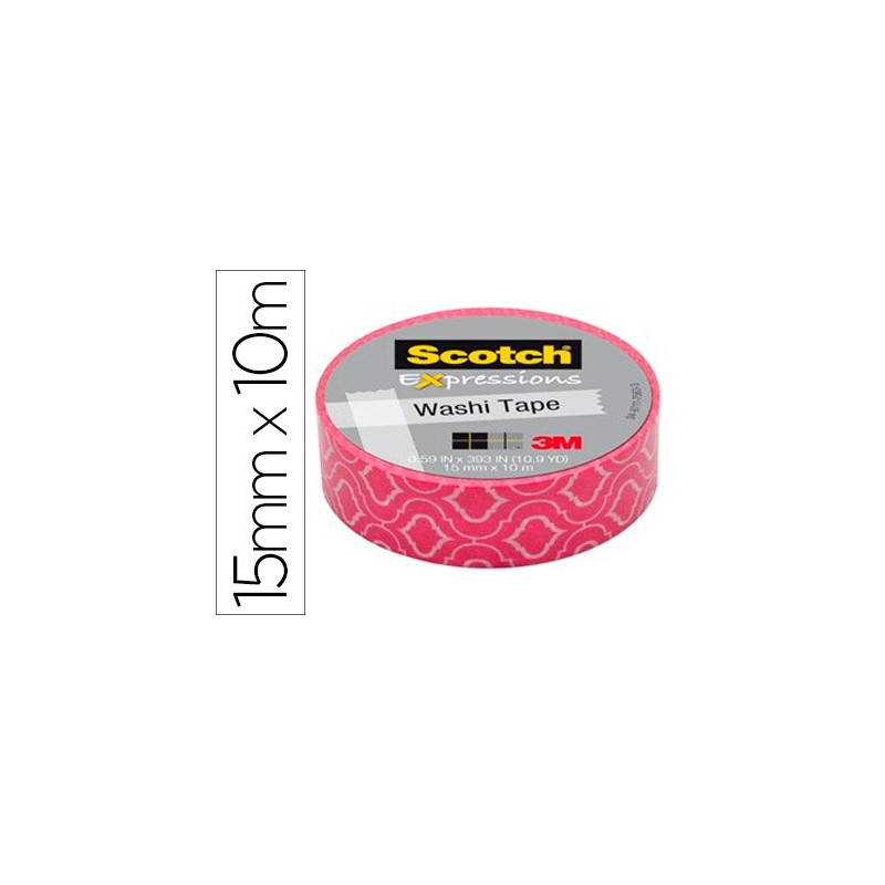 CINTA ADHESIVA SCOTCH WASHI TAPES PAPEL DE ARROZ FANTASIA ROSA GEOMETRICO 10 MT X 15 MM