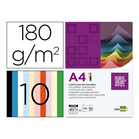 CARTULINA LIDERPAPEL  DIN A4 180G/M2 10 COLORES SURTIDOS