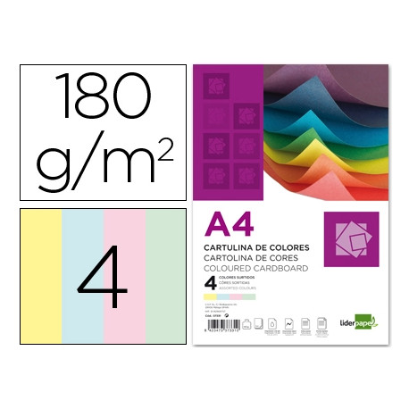 CARTULINA LIDERPAPEL A4 180G/M2 4 COLORES SURTIDOS