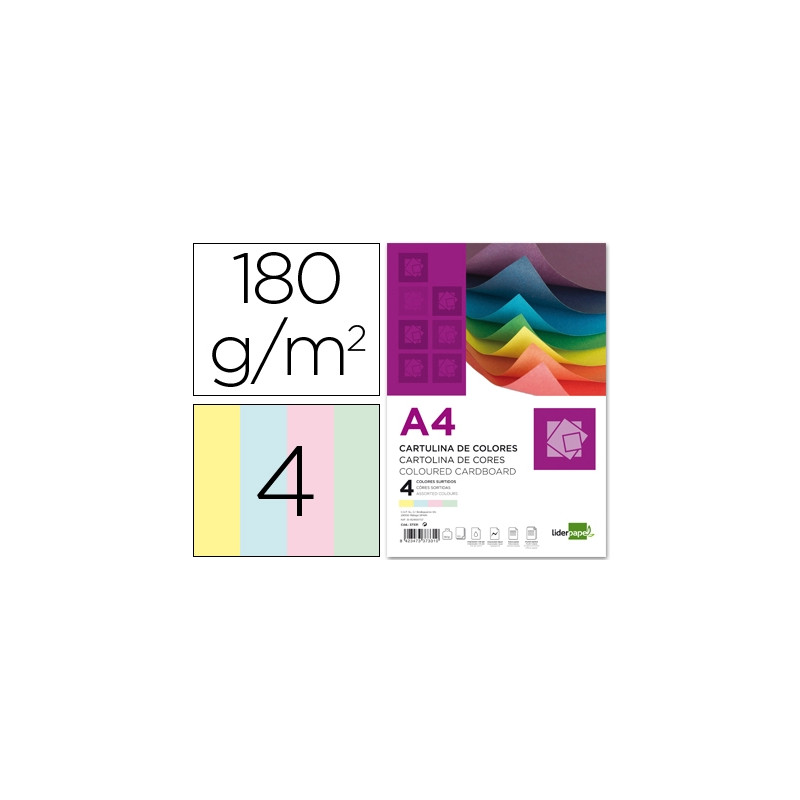 CARTULINA LIDERPAPEL A4 180G/M2 4 COLORES SURTIDOS