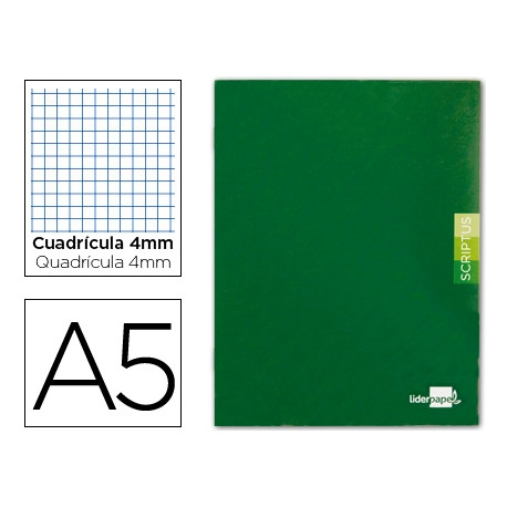 LIBRETA LIDERPAPEL SCRIPTUS A5 48 HOJAS 90G/M2 CUADRO 4MM CON MARGEN COLOR VERDE