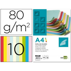 PAPEL COLOR LIDERPAPEL A4 80G/M2 10 COLORES SURTIDOS PAQUETE DE 100 HOJAS