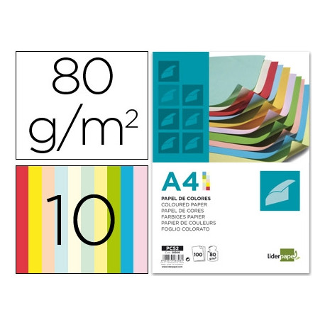 PAPEL COLOR LIDERPAPEL A4 80G/M2 10 COLORES SURTIDOS PAQUETE DE 100 HOJAS