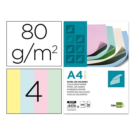 PAPEL COLOR LIDERPAPEL A4 80G/M2 4 COLORES SURTIDOS PAQUETE DE 100 HOJAS PAPEL COLOR LIDERPAPEL A4 80G/M2 4 COLORES SURTIDOS PAQUETE DE 100 HOJAS