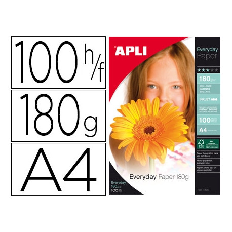 PAPEL FOTOGRAFICO APLI GLOSSY DIN A4 DE 180 GRS