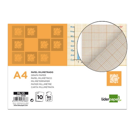 PAPEL DIBUJO LIDERPAPEL 210X297MM 80G/M2 MILIMETRADO PACK DE 10