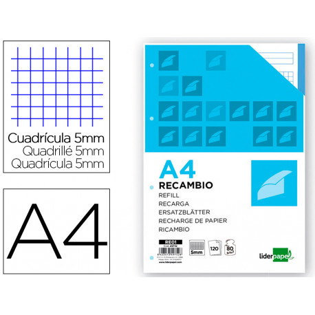 RECAMBIO LIDERPAPEL A4 120 HOJAS 80G/M2 CUADRO 5MM SIN MARGEN 4 TALADROS BANDAS DE 5 COLORES