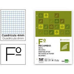 RECAMBIO LIDERPAPEL DIN A4 100 HOJAS 75G/M2 CUADRO 4MM CON MARGEN 4 TALADROS