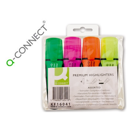 ROTULADOR Q-CONNECT FLUORESCENTE PREMIUM ESTUCHE 4 COLORES SURTIDOS PUNTA BISELADA CON SUJECION DE C