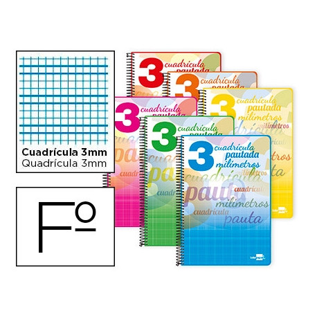 CUADERNO ESPIRAL LIDERPAPEL FOLIO PAUTAGUIA TAPA DURA 80H 75 GR CUADRO PAUTADO 3 MMCON MARGEN COLORE