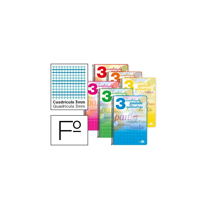 CUADERNO ESPIRAL LIDERPAPEL FOLIO PAUTAGUIA TAPA DURA 80H 75 GR CUADRO PAUTADO 3 MMCON MARGEN COLORE