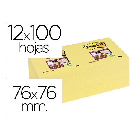 BLOC DE NOTAS ADHESIVAS QUITA Y PON POST-IT SUPER STICKY 76X76 MM CON 12 BLOC AMARILLO CANARIO