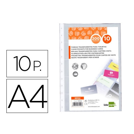 RECAMBIO FUNDAS LIDERPAPEL DIN A4 PARA TARJETERO BOLSA DE 10 HOJAS CAPACIDAD 20 TARJETAS POR HOJA RECAMBIO FUNDAS LIDERPAPEL DIN A4 PARA TARJETERO BOLSA DE 10 HOJAS CAPACIDAD 20 TARJETAS POR HOJA