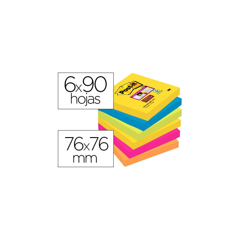 BLOC DE NOTAS ADHESIVAS QUITA Y PON POST-IT SUPER STICKY 76X76 MM CON 90 HOJAS PACK DE 6 BLOC COLORE