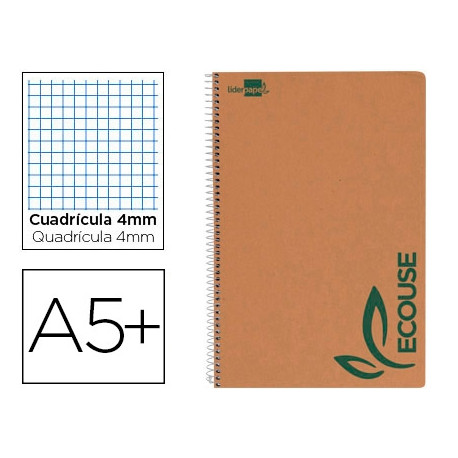 CUADERNO ESPIRAL LIDERPAPEL CUARTO ECOUSE TAPA CARTULINA KRAFT 80H PAPEL RECICLADO 80 GRCUADRO 4MM CUADERNO ESPIRAL LIDERPAPEL CUARTO ECOUSE TAPA CARTULINA KRAFT 80H PAPEL RECICLADO 80 GRCUADRO 4MM
