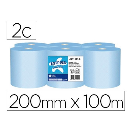 PAPEL SECAMANOS AMOOS 2 CAPAS 200 MM X 100 MT COLOR AZUL PAQUETE DE 6 ROLLOS