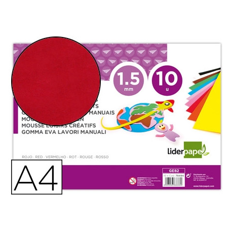 GOMA EVA LIDERPAPEL DIN A4 60G/M2 ESPESOR 1,5MM ROJO PAQUETE DE 10 HOJAS GOMA EVA LIDERPAPEL DIN A4 60G/M2 ESPESOR 1,5MM ROJO PAQUETE DE 10 HOJAS