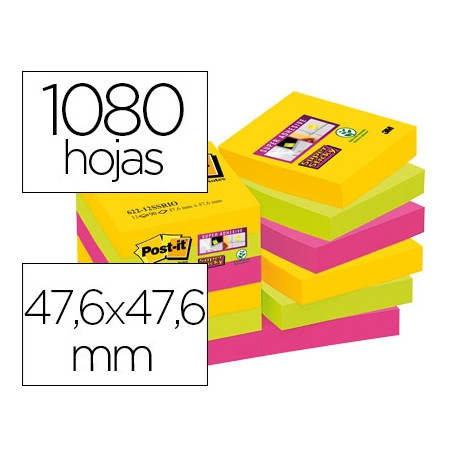 BLOC DE NOTAS ADHESIVAS QUITA Y PON POST-IT SUPER STICKY 47,6X47,6 MM CON 90 HOJAS PACK DE 12 BLOC C