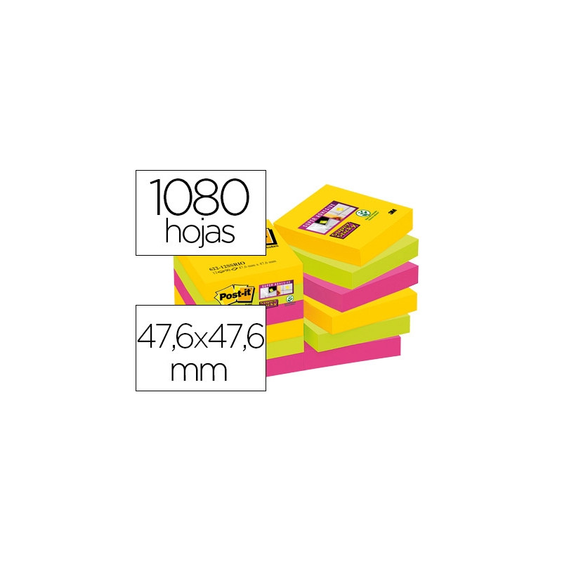 BLOC DE NOTAS ADHESIVAS QUITA Y PON POST-IT SUPER STICKY 47,6X47,6 MM CON 90 HOJAS PACK DE 12 BLOC C