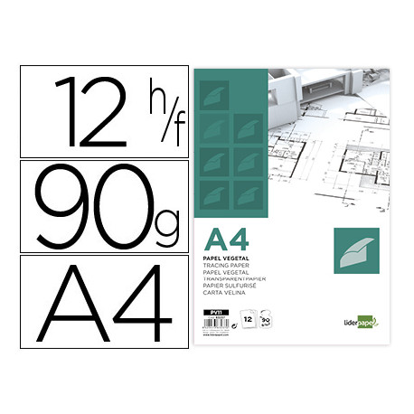 PAPEL DIBUJO LIDERPAPEL A4 210X297MM 90G/M2 VEGETAL SOBRE DE 12 HOJAS