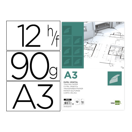 PAPEL DIBUJO LIDERPAPEL A3 297X420MM 90G/M2 VEGETAL SOBRE DE 12 HOJAS PAPEL DIBUJO LIDERPAPEL A3 297X420MM 90G/M2 VEGETAL SOBRE DE 12 HOJAS