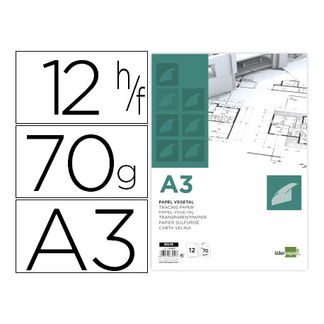 PAPEL DIBUJO LIDERPAPEL A3 297X420MM 70G/M2 VEGETAL SOBRE DE 12 HOJAS PAPEL DIBUJO LIDERPAPEL A3 297X420MM 70G/M2 VEGETAL SOBRE DE 12 HOJAS